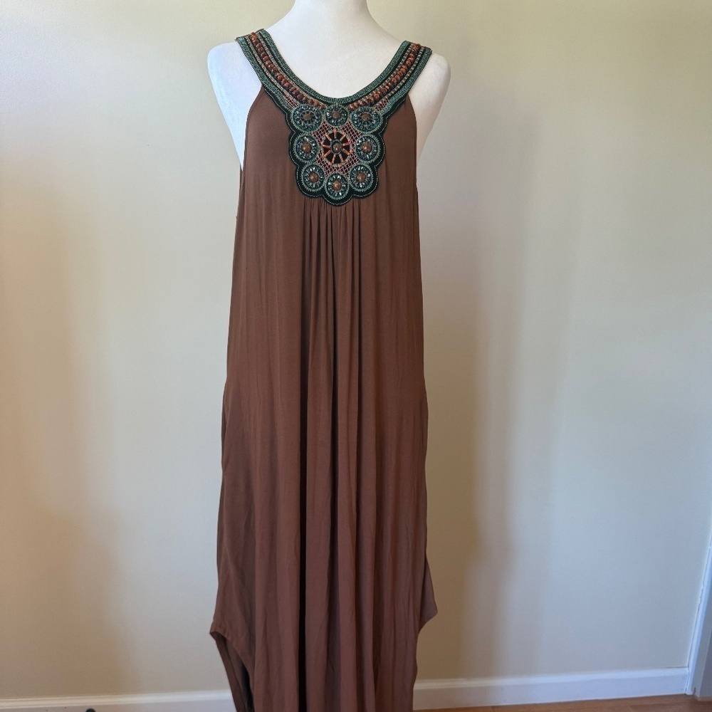 Women's Summer Brown Beaded Keyhole Neckline Maxi Venus Dress Size Medium
